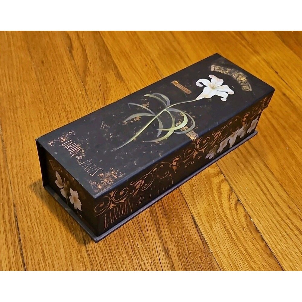 Elegant Storage Box Black Jardin De Paris With White Lilies apprx 10.5x3.75x2.75